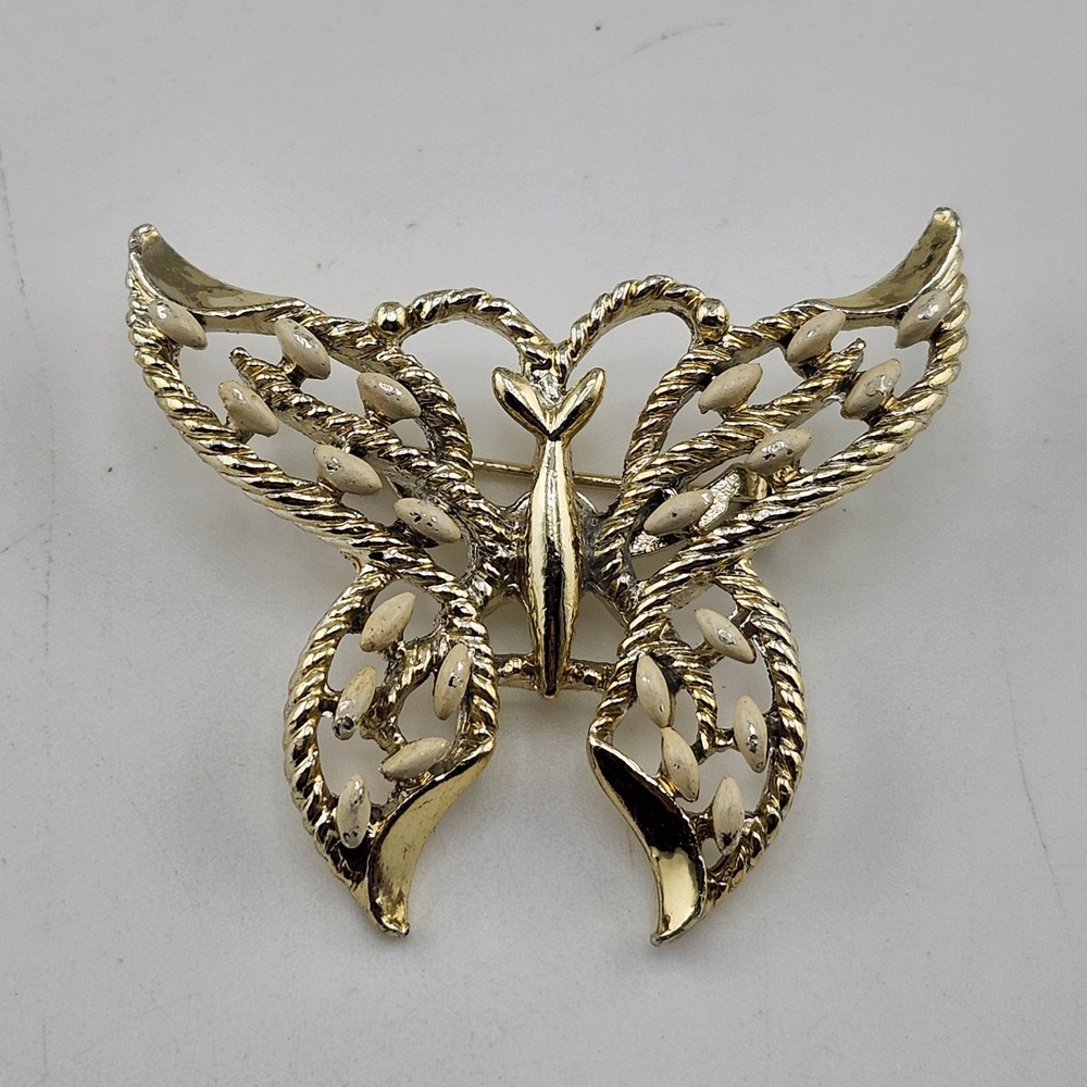 Vintage Signed Gerry's Butterfly Pin Brooch Goldtone Cream Enamel 2"